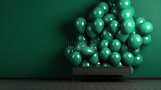 贺卡格式背景图片_黑墙背景下的一堆绿色气球以水平横幅格式 3D 渲染插图呈现
