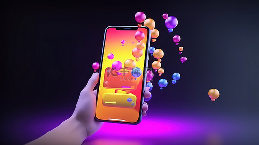 移动中的在线对话卡通手持智能手机，带有 3D 聊天气泡