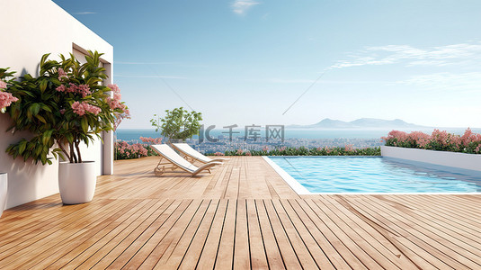 避暑山庄卡通背景图片_简约白宫的 3D 渲染，配有木制露台和游泳池，俯瞰大海和城市的壮丽景色