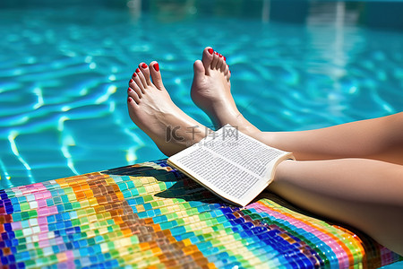 搁在池畔毛巾上的女性腿的脚