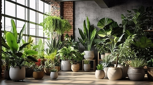 房子植物背景图片_咖啡馆或花店里有鲜花和植物的美丽室内花园的 3D 渲染