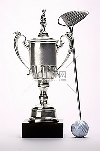 白色背景中旁边矗立着一座奖杯和高尔夫球杆