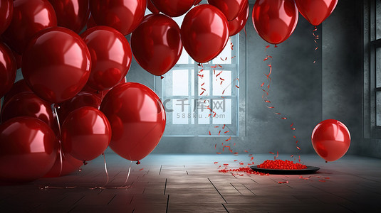 红色 3D 气球生日贺卡，庆祝快乐