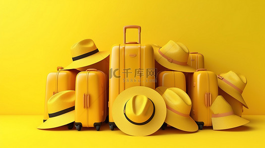 帽子和黄色行李箱的旅行主题 3D 渲染