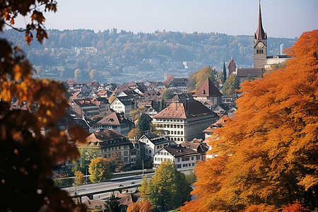 瑞士老城前的秋天树木