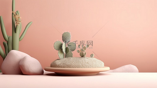 
美女背景图片_高架展台装饰着植物仙人掌卵石和石头，背景柔和，高品质 3D 渲染