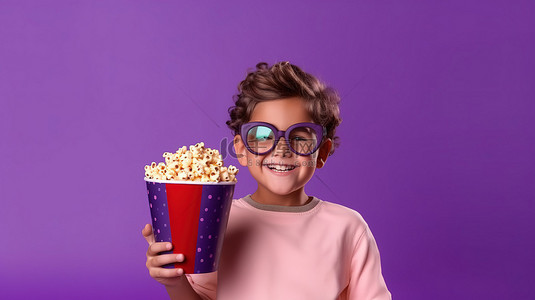 戴着 3D 眼镜和一桶爆米花的孩子站在紫色的孤立背景上