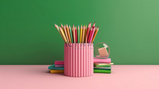 回到学校教育工具，粉红色背景上有绿板和铅笔3D 渲染