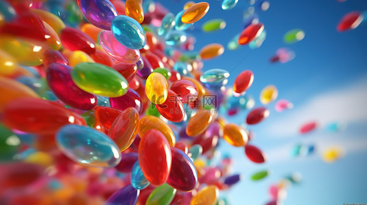 飞行的背景图片_彩色果冻豆在彩虹形成中飞行的 3D 插图
