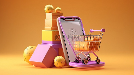 电子商务以其最好的购物袋智能手机和礼品盒以 3D 方式展示网上购物热潮