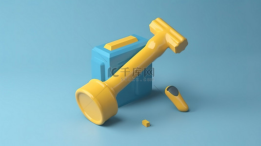 黄色扁平卡通背景图片_最小工艺技术员工程工具概念，具有卡通风格和黄色色调的 3D 蓝色锤子