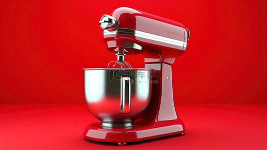 红色食品背景图片_复古厨房立式搅拌机，采用 3D 渲染，充满活力的红色色调