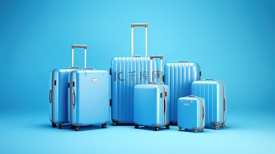 蓝色背景手提箱旅行主题的 3D 渲染