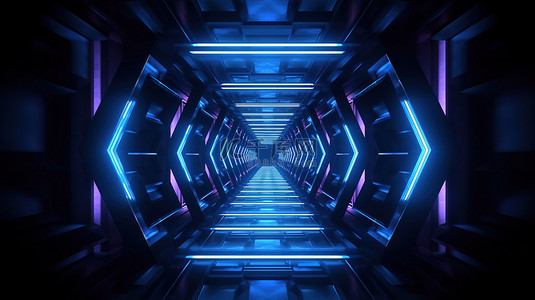 深蓝色菱形隧道的有趣 3D 艺术作品，带有霓虹灯和抽象设计