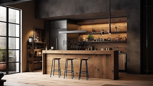 时尚的木质阁楼厨房，配有酒吧和沙发，靠近门 3D 渲染