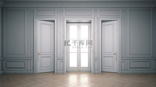 没有家具的房间里有门的内部背景的 3D 渲染
