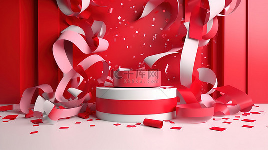 喜庆的白色讲台和红色 3D 渲染抽象背景上的五彩丝带