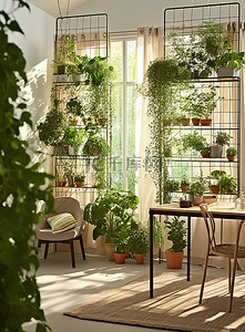 扁平植物生长动画背景图片_房间里的桌子上方挂满了植物