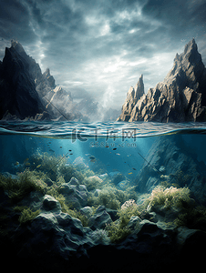 深海珊瑚山脉海底世界摄影广告背景