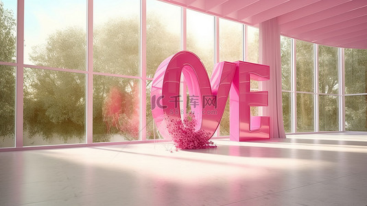情人节快乐的家，窗前有 3D 粉红色字母，俯瞰着美丽的花园