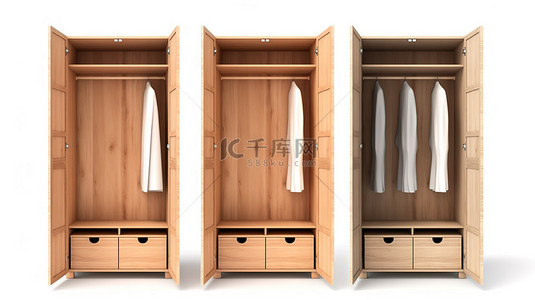 空置的木制衣柜，白色背景 3D 插图集合