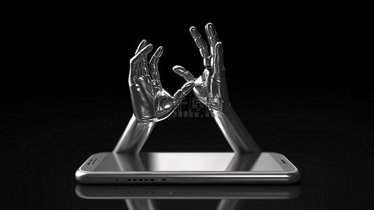 手拿贺卡样机背景图片_一双金属手抓着空白屏幕手机雕塑的 3D 插图