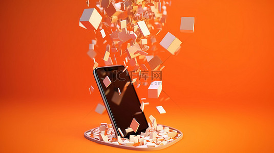 漂浮科技信息背景图片_漂浮在橙色背景上的邮件 3d 智能手机版