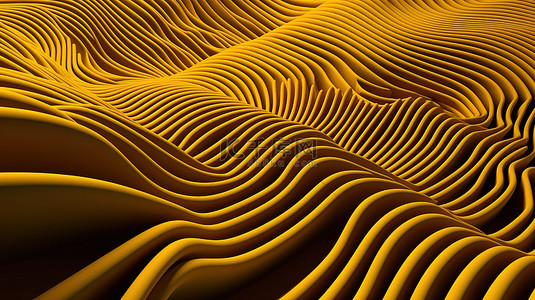 黄色波浪状几何条纹立体设计的 3D 插图