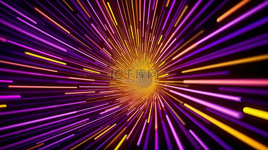 超速穿过带有紫色条和黄色环的隧道的 3D 插图