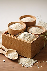 称重背景图片_木顶上有勺子和米的米储存盒