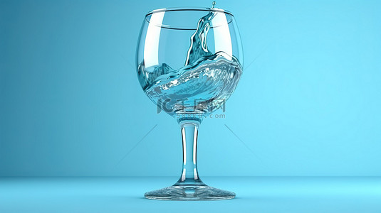 蓝色背景下水滴落入玻璃高脚杯的逼真 3D 插图