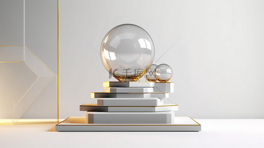 带金色台阶和玻璃球灯的白色背景六角形玻璃讲台的 3D 渲染