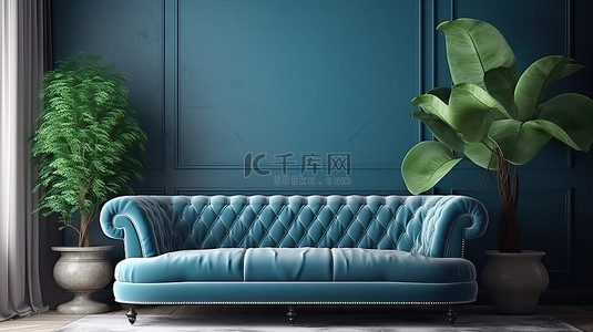 古典风格室内装饰的 3D 渲染，配有蓝色沙发和植物以及模型海报