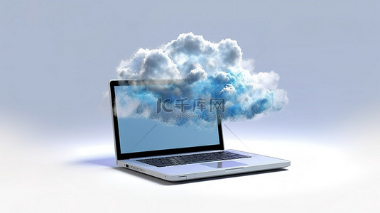 云计算概念与笔记本电脑在白色背景 3d 渲染