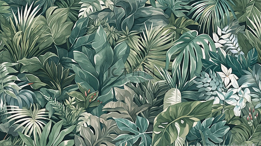 春夏森林背景图片_自然背景下热带植物的郁郁葱葱的 3d 插图