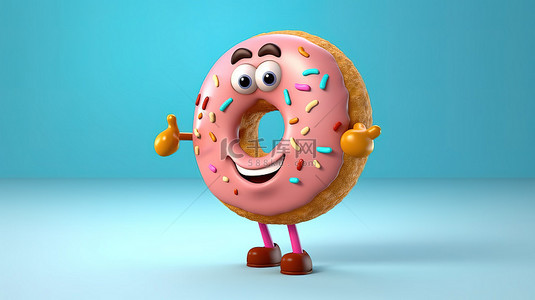 俏皮的 3D 动画人物享受美味的甜甜圈