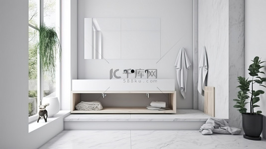 洗衣洗衣背景图片_带白色墙壁的简约洗涤区 3D 渲染的室内场景和模型