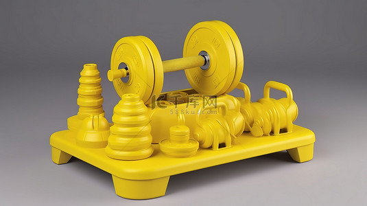 展示健身器材 3D 运动讲台，呈鲜艳的黄色，配有重量和杠铃