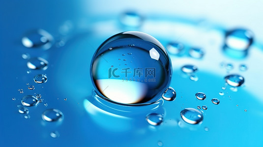 蓝色玻璃背景上的水滴与气泡，3D 插图中捕捉到的抽象和自然元素的惊人融合