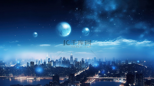 城市笼罩在蓝色的雾气中，满月和繁星密布的天空在 3D 渲染中呈现