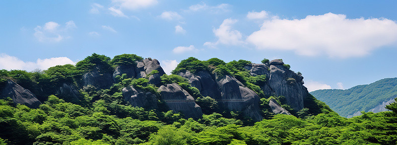 蓝天下的森林和云彩的山景