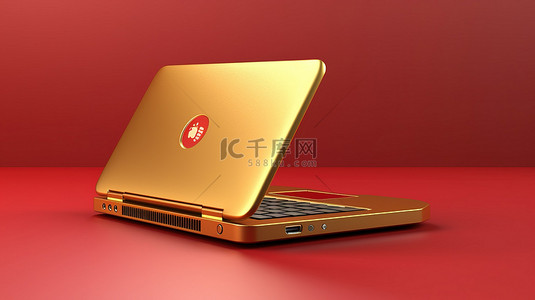 笔记本电脑的图标 3d 创建的红色哑光金板上的金色符号