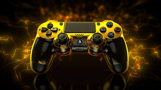 ps游戏机背景图片_数字艺术中黑色和黄色游戏手柄的 3D 渲染