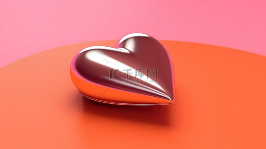 橙色爱情背景图片_粉红色心形的闪闪发光的 3D 渲染，在明亮的橙色表面和阴影上具有纹理光泽