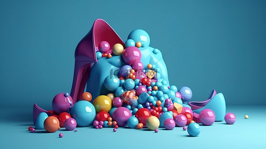 彩色展示高跟鞋和化妆品从蓝色背景 3D 渲染上充满活力的球中的袋子中出现
