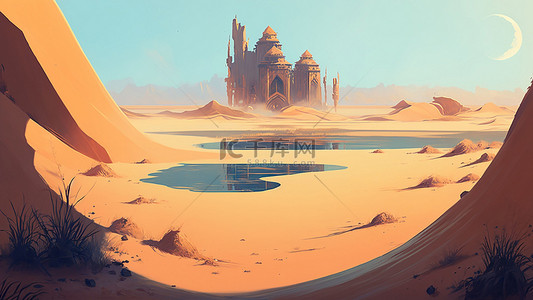 卡通沙漠建筑背景图片_游戏沙漠月亮
