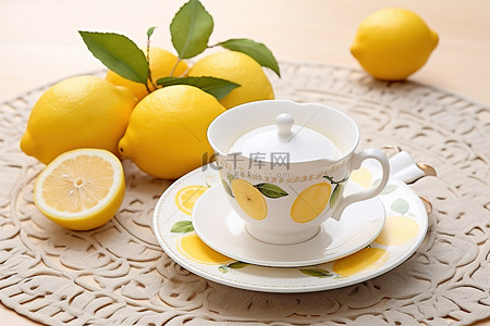 星空柠檬茶背景图片_柠檬旁边的盘子里放着一杯茶