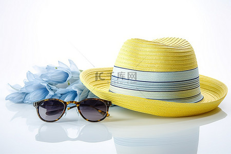 白色背景照片上的帽子和太阳镜