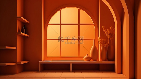 橙色调背景图片_带有窗口阴影的橙色调 3D 渲染是模型和陈列柜的完美产品展示背景