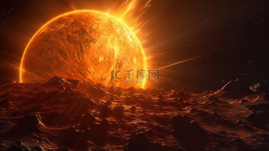 宇宙 3d 渲染背景中的比例木星和大太阳